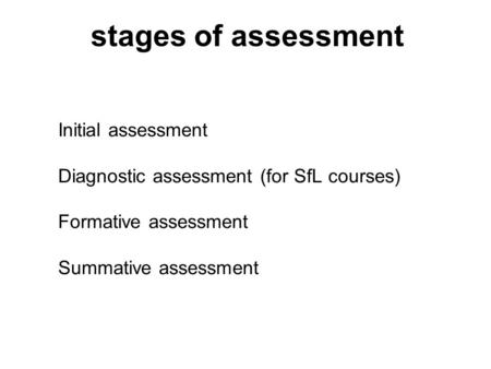 Stages of assessment Initial assessment Diagnostic assessment (for SfL courses) Formative assessment Summative assessment.