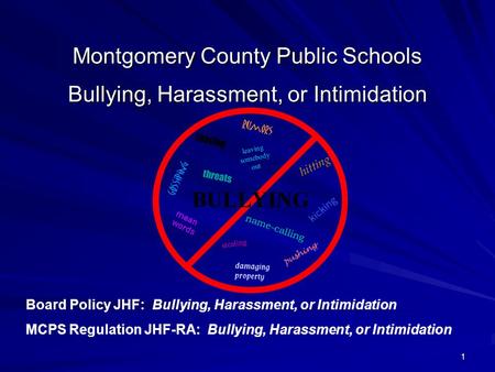 1 Montgomery County Public Schools Bullying, Harassment, or Intimidation Board Policy JHF: Bullying, Harassment, or Intimidation MCPS Regulation JHF-RA: