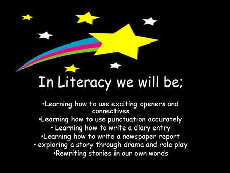 In Literacy we will be; Learning how to use exciting openers and connectives Learning how to use punctuation accurately Learning how to write a diary entry.