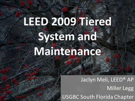 LEED 2009 Tiered System and Maintenance Jaclyn Meli, LEED® AP Miller Legg USGBC South Florida Chapter.