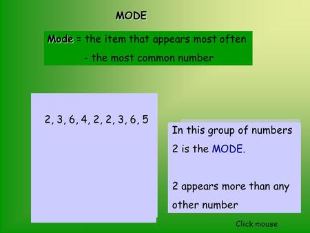 MODE MODE Mode Mode = the item that appears most often - the most common number In this group of fruit APPLES are the MODE. There are more apples than.