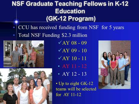 NSF Graduate Teaching Fellows in K-12 Education (GK-12 Program) CCU has received funding from NSF for 5 years Total NSF Funding $2.3 million AY 08 - 09.