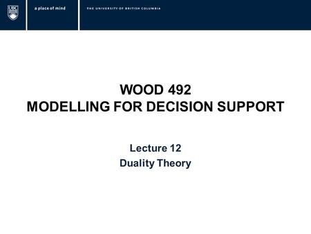 WOOD 492 MODELLING FOR DECISION SUPPORT Lecture 12 Duality Theory.