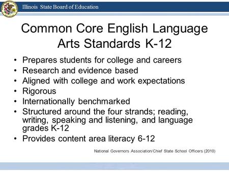 Common Core English Language Arts Standards K-12 Prepares students for college and careers Research and evidence based Aligned with college and work expectations.