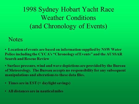 1998 Sydney Hobart Yacht Race Weather Conditions (and Chronology of Events) Notes Location of events are based on information supplied by NSW Water Police.