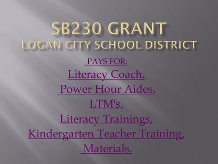 PAYS FOR: Literacy Coach, Power Hour Aides, LTM's, Literacy Trainings, Kindergarten Teacher Training, Materials.