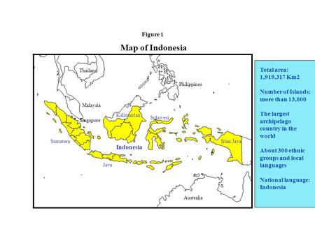 Map of Indonesia Total area: 1,919,317 Km2 Number of Islands: more than 13,000 The largest archipelago country in the world About 300 ethnic groups and.