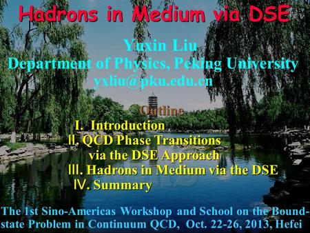 Hadrons in Medium via DSE Yuxin Liu Department of Physics, Peking University The 1st Sino-Americas Workshop and School on the Bound- state.