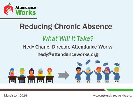 Reducing Chronic Absence What Will It Take? Hedy Chang, Director, Attendance Works March 14, 2014.