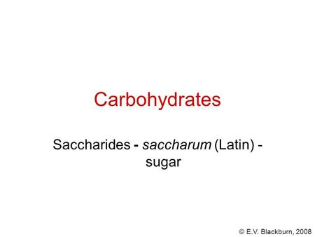 © E.V. Blackburn, 2008 Carbohydrates Saccharides - saccharum (Latin) - sugar.