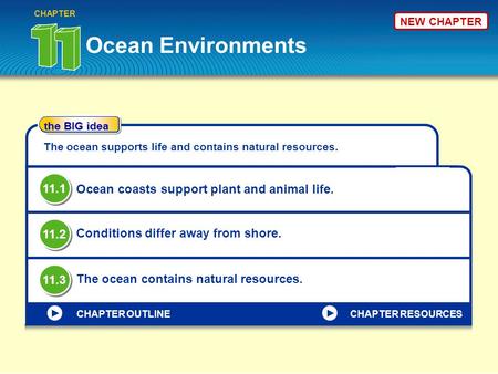 Ocean Environments 11.1 Ocean coasts support plant and animal life.