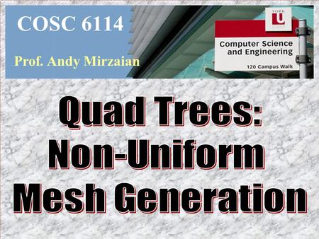 COSC 6114 Prof. Andy Mirzaian Quad Trees: Non-Uniform Mesh Generation.