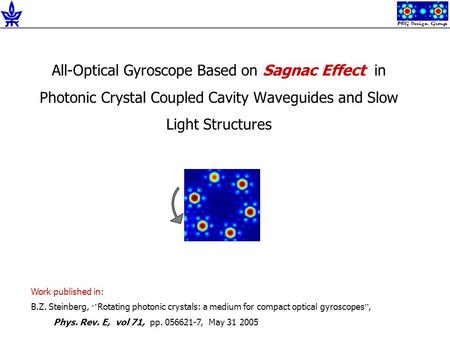 All-Optical Gyroscope Based on Sagnac Effect in Photonic Crystal Coupled Cavity Waveguides and Slow Light Structures Work published in: B.Z. Steinberg,