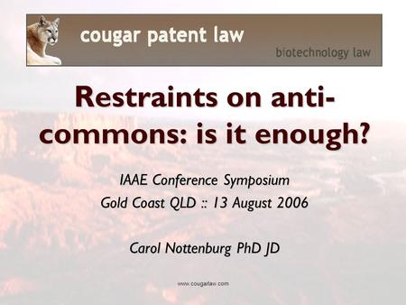 Www.cougarlaw.com IAAE Conference Symposium Gold Coast QLD :: 13 August 2006 Carol Nottenburg PhD JD Restraints on anti- commons: is it enough?