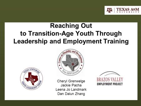 Reaching Out to Transition-Age Youth Through Leadership and Employment Training Cheryl Grenwelge Jackie Pacha Leena Jo Landmark Dan Dalun Zhang.