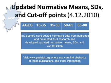 Updated Normative Means, SDs, and Cut-off points (4.12.2010) AGES15-3535-5050-6565-88 Visit www.parietal.org where you can find abstracts of these publications.
