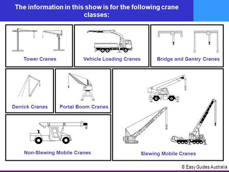 © Easy Guides Australia The information in this show is for the following crane classes: Non-Slewing Mobile CranesDerrick CranesPortal Boom Cranes Tower.