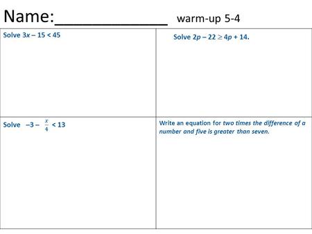Name:____________ warm-up 5-4 Solve 3x – 15 < 45 Write an equation for two times the difference of a number and five is greater than seven. Solve 2p –