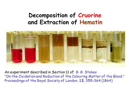 Decomposition of Cruorine and Extraction of Hematin An experiment described in Section 11 of G. G. Stokes “On the Oxidation and Reduction of the Colouring.