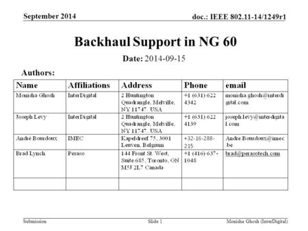 Submission doc.: IEEE 802.11-14/1249r1 Backhaul Support in NG 60 September 2014 Monisha Ghosh (InterDigital)Slide 1 Authors: Date: 2014-09-15.