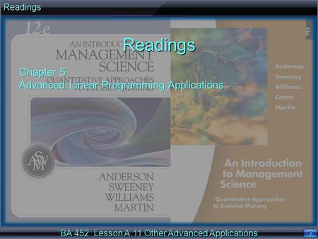 BA 452 Lesson A.11 Other Advanced Applications 1 1ReadingsReadings Chapter 5 Advanced Linear Programming Applications.