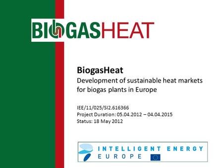 BiogasHeat Development of sustainable heat markets for biogas plants in Europe IEE/11/025/SI2.616366 Project Duration: 05.04.2012 – 04.04.2015 Status:
