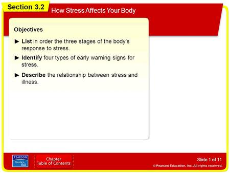 Section 3.2 How Stress Affects Your Body Slide 1 of 11 Objectives List in order the three stages of the body’s response to stress. Identify four types.
