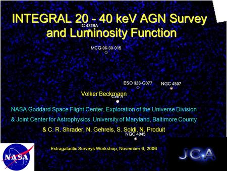 INTEGRAL 20 - 40 keV AGN Survey and Luminosity Function Volker Beckmann NASA Goddard Space Flight Center, Exploration of the Universe Division & Joint.