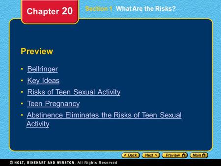 Chapter 20 Preview Bellringer Key Ideas Risks of Teen Sexual Activity