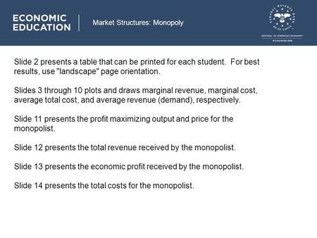 Market Structures: Monopoly Slide 2 presents a table that can be printed for each student. For best results, use landscape page orientation. Slides 3.