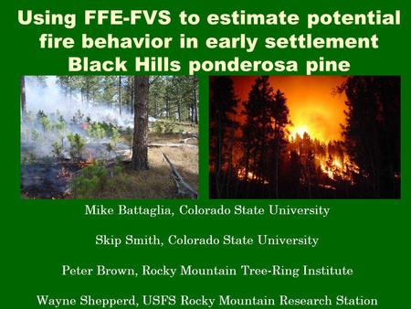 Using FFE-FVS to estimate potential fire behavior in early settlement Black Hills ponderosa pine Mike Battaglia, Colorado State University Skip Smith,