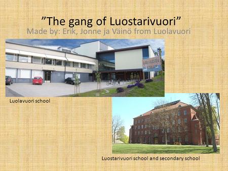 ”The gang of Luostarivuori” Made by: Erik, Jonne ja Väinö from Luolavuori Luostarivuori school and secondary school Luolavuori school.