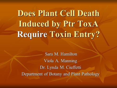 Does Plant Cell Death Induced by Ptr ToxA Require Toxin Entry? Sara M. Hamilton Sara M. Hamilton Viola A. Manning Dr. Lynda M. Ciuffetti Department of.