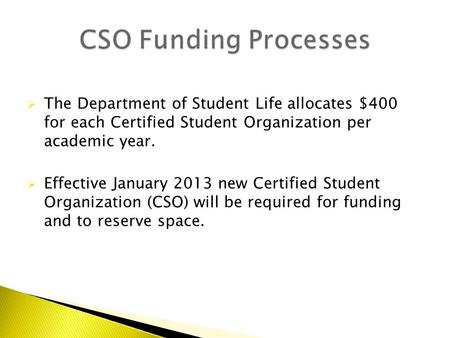 The Department of Student Life allocates $400 for each Certified Student Organization per academic year.  Effective January 2013 new Certified Student.