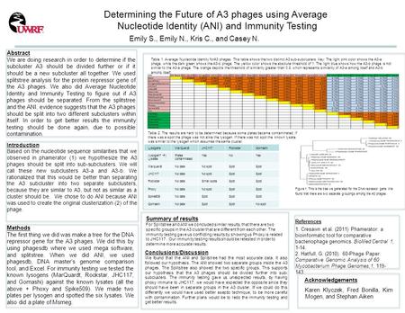 Determining the Future of A3 phages using Average Nucleotide Identity (ANI) and Immunity Testing Emily S., Emily N., Kris C., and Casey N. Abstract We.