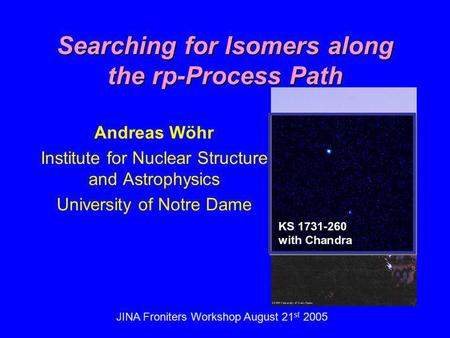 JINA Froniters Workshop August 21 st 2005 Searching for Isomers along the rp-Process Path Andreas Wöhr Institute for Nuclear Structure and Astrophysics.