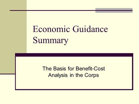 Economic Guidance Summary The Basis for Benefit-Cost Analysis in the Corps.