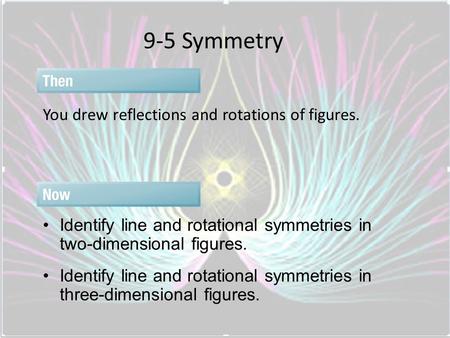 9-5 Symmetry You drew reflections and rotations of figures.