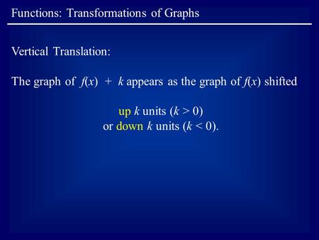 Functions: Transformations of Graphs Vertical Translation: The graph of f(x) + k appears as the graph of f(x) shifted up k units (k > 0) or down k units.