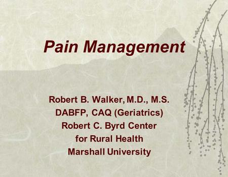 Pain Management Robert B. Walker, M.D., M.S. DABFP, CAQ (Geriatrics) Robert C. Byrd Center for Rural Health Marshall University.