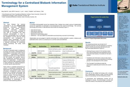 Terminology for a Centralized Biobank Information Management System Mary-Beth M. Joshi, MPH 2, Aenoch J. Lynn 1, Anita C. Walden 3, and Helena J. Ellis.