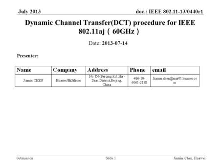 Doc.: IEEE 802.11-13/0440r1 Submission July 2013 Jiamin Chen, HuaweiSlide 1 Dynamic Channel Transfer(DCT) procedure for IEEE 802.11aj （ 60GHz ） Date: 2013-07-14.