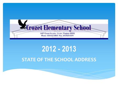 2012 - 2013 STATE OF THE SCHOOL ADDRESS. SCHOOL SIGNATURE STUDENT CHARACTERISTICS STAFF INSTRUCTION ACHIEVEMENT INFORMATION FACILITY BUDGET IMPORTANT.