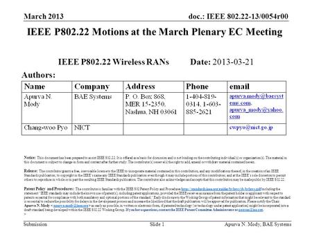 Doc.: IEEE 802.22-13/0054r00 Submission March 2013 Apurva N. Mody, BAE SystemsSlide 1 IEEE P802.22 Motions at the March Plenary EC Meeting IEEE P802.22.