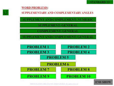 1 PROBLEM 1 PROBLEM 3 PROBLEM 2 PROBLEM 4 PROBLEM 5 PROBLEM 8PROBLEM 7 PROBLEM 6 STANDARD 13 SUPPLEMENT AND COMPLEMENT: NUMERIC PROBLEM 10PROBLEM 9 PRESENTATION.