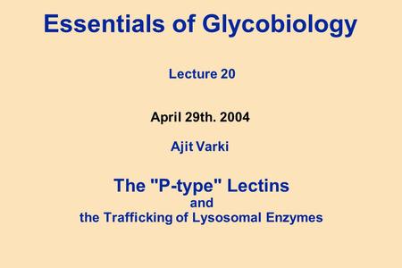 Essentials of Glycobiology Lecture 20 April 29th. 2004 Ajit Varki The P-type Lectins and the Trafficking of Lysosomal Enzymes.