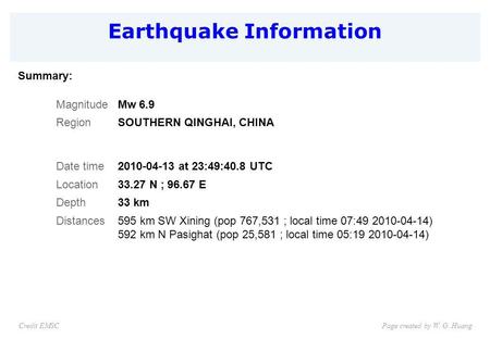 Earthquake Information Page created by W. G. HuangCredit EMSC Summary: MagnitudeMw 6.9 RegionSOUTHERN QINGHAI, CHINA Date time2010-04-13 at 23:49:40.8.