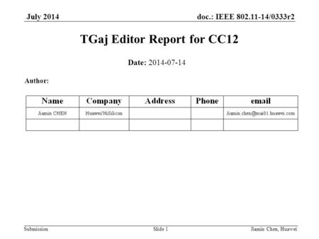 Doc.: IEEE 802.11-14/0333r2 Submission July 2014 TGaj Editor Report for CC12 Jiamin Chen, HuaweiSlide 1 Date: 2014-07-14 Author: