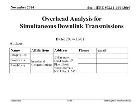 Submission doc.: IEEE 802.11-14/1436r0 November 2014 Interdigital CommunicationsSlide 1 Overhead Analysis for Simultaneous Downlink Transmissions Date:
