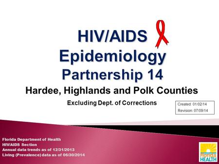 Hardee, Highlands and Polk Counties Excluding Dept. of Corrections Florida Department of Health HIV/AIDS Section Annual data trends as of 12/31/2013 Living.